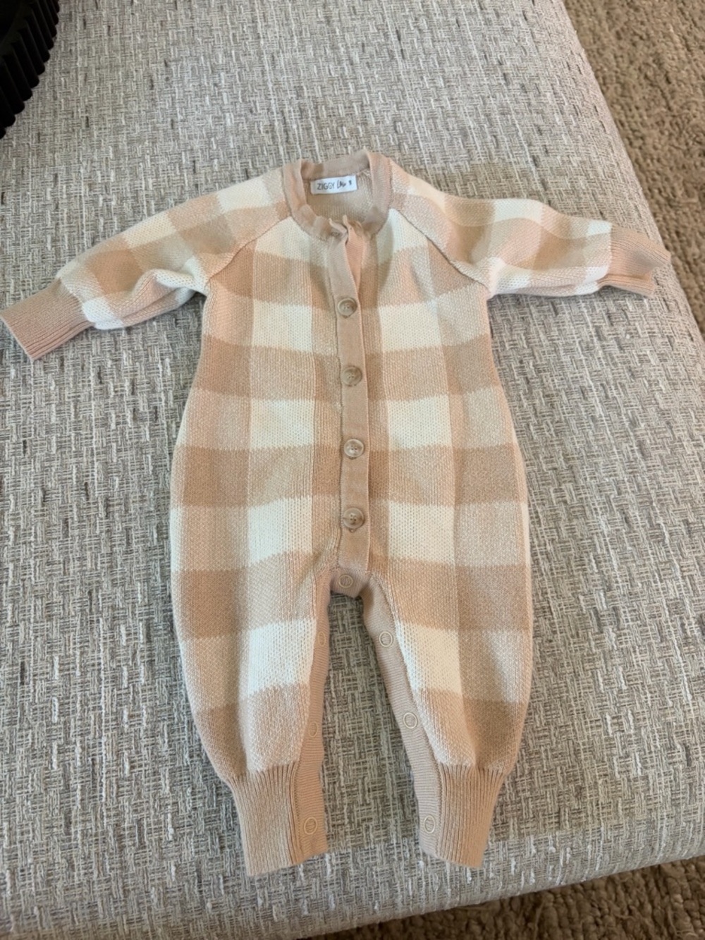 Cream and Tan Checked Knit One-Piece